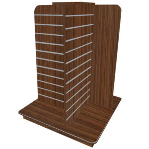 Slatwall 4-Way Gondola in a Walnut Finish with Aluminium Inserts