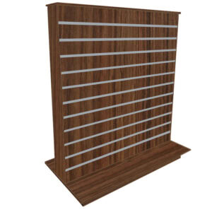 Slimline Slatwall Display Gondola in a Walnut Finish with Aluminium Inserts