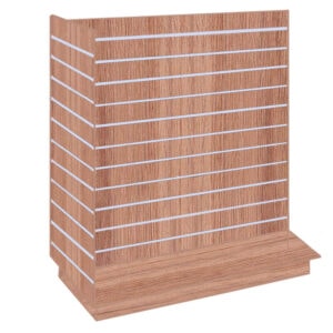 T-Shaped Slatwall Gondola Display in Denver Oak finish with Aluminium Inserts