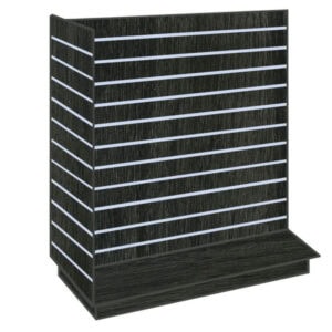 T-Shaped Slatwall Gondola Display in a Jet Oak finish with Aluminium Inserts