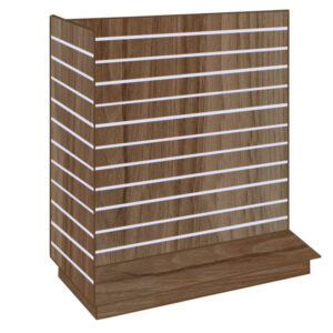 T-Shaped Slatwall Gondola Display in a Light Walnut finish with Aluminium Inserts